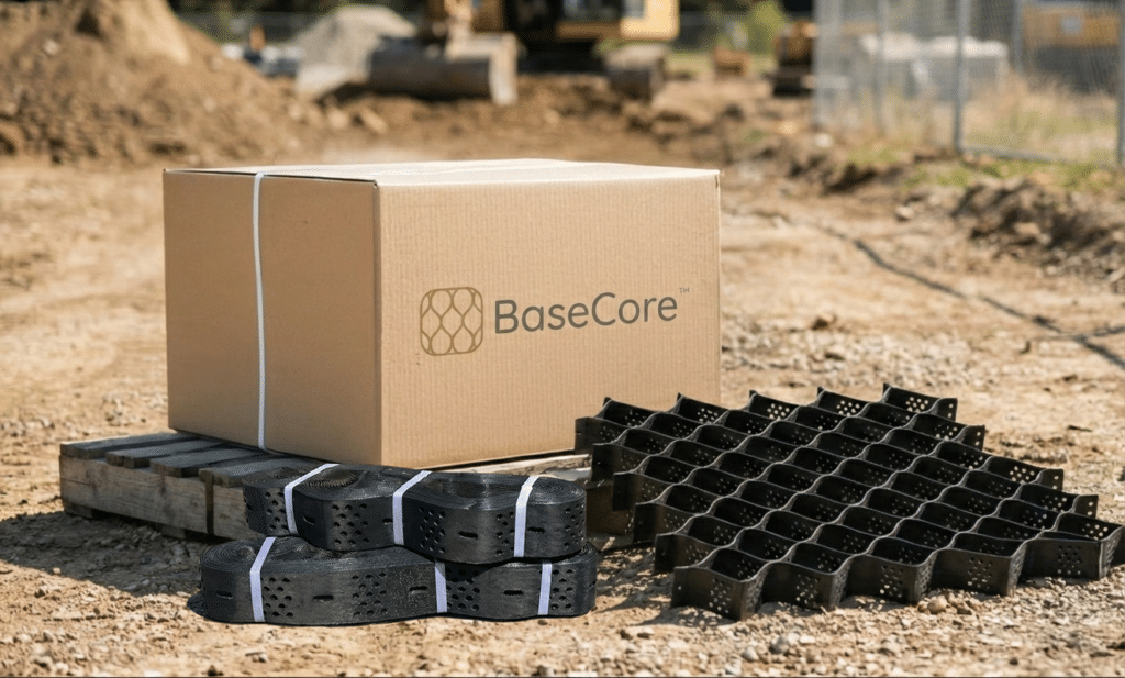 Collapsed BaseCore geocell panels on a pallet next to an expanded honeycomb panel ready for install