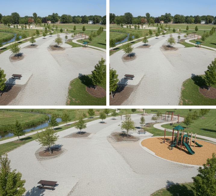 Park showing parking, trails, and playground with gravel grid