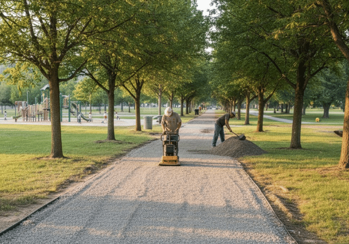 Gravel grid pathway installation in community park