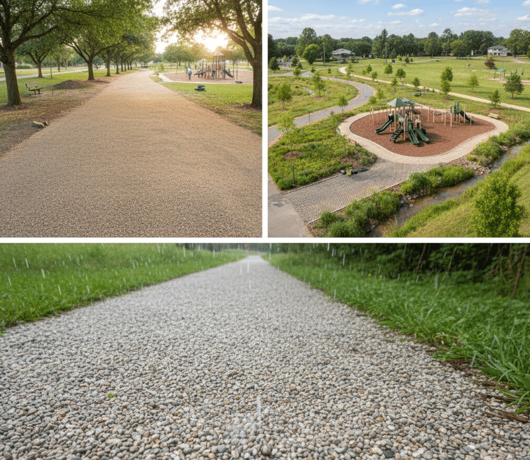 Permeable gravel grid surface managing stormwater naturally