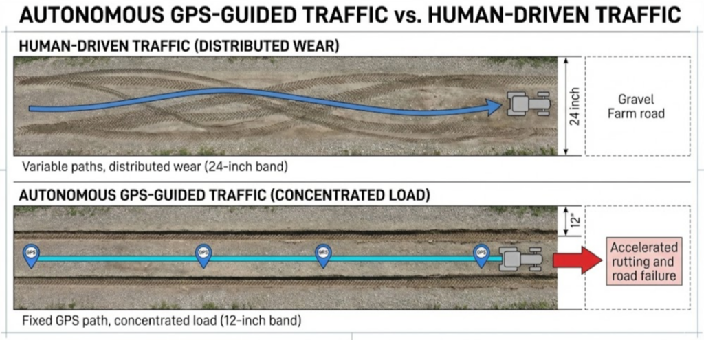 Diagram showing concentrated wheel path loading from autonomous GPS-guided farm traffic