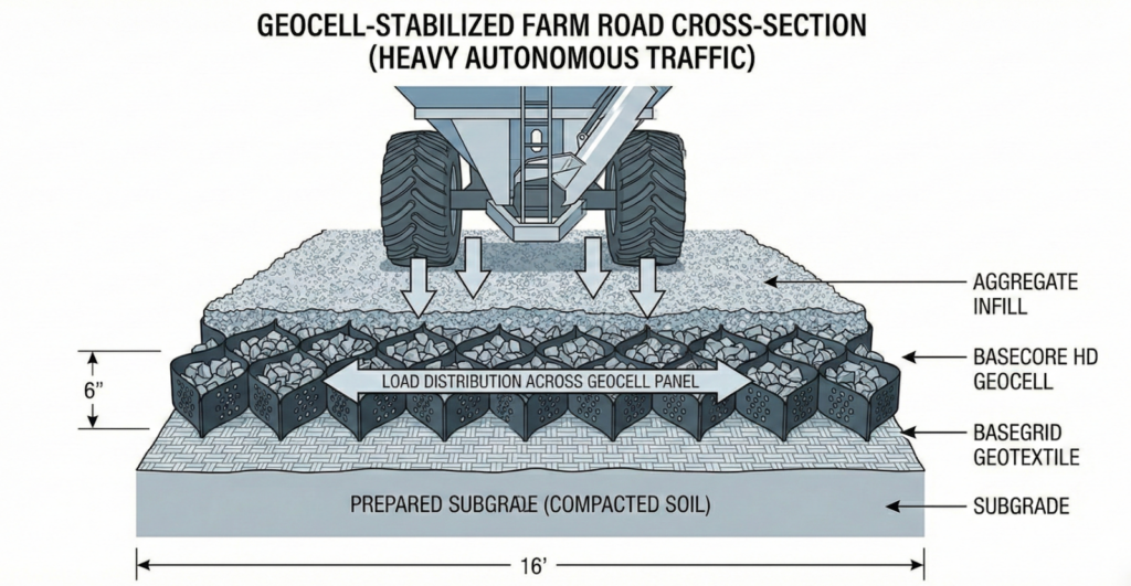 Engineering cross-section of geocell stabilized farm road for heavy equipment