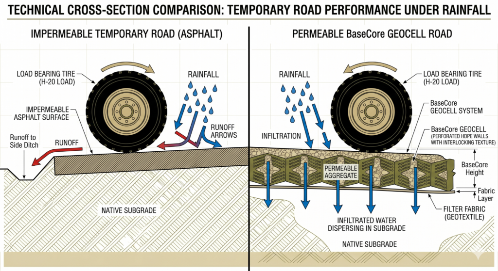 Cross section diagram showing rainfall infiltrating through BaseCore geocell temporary road versus running off asphalt alternative